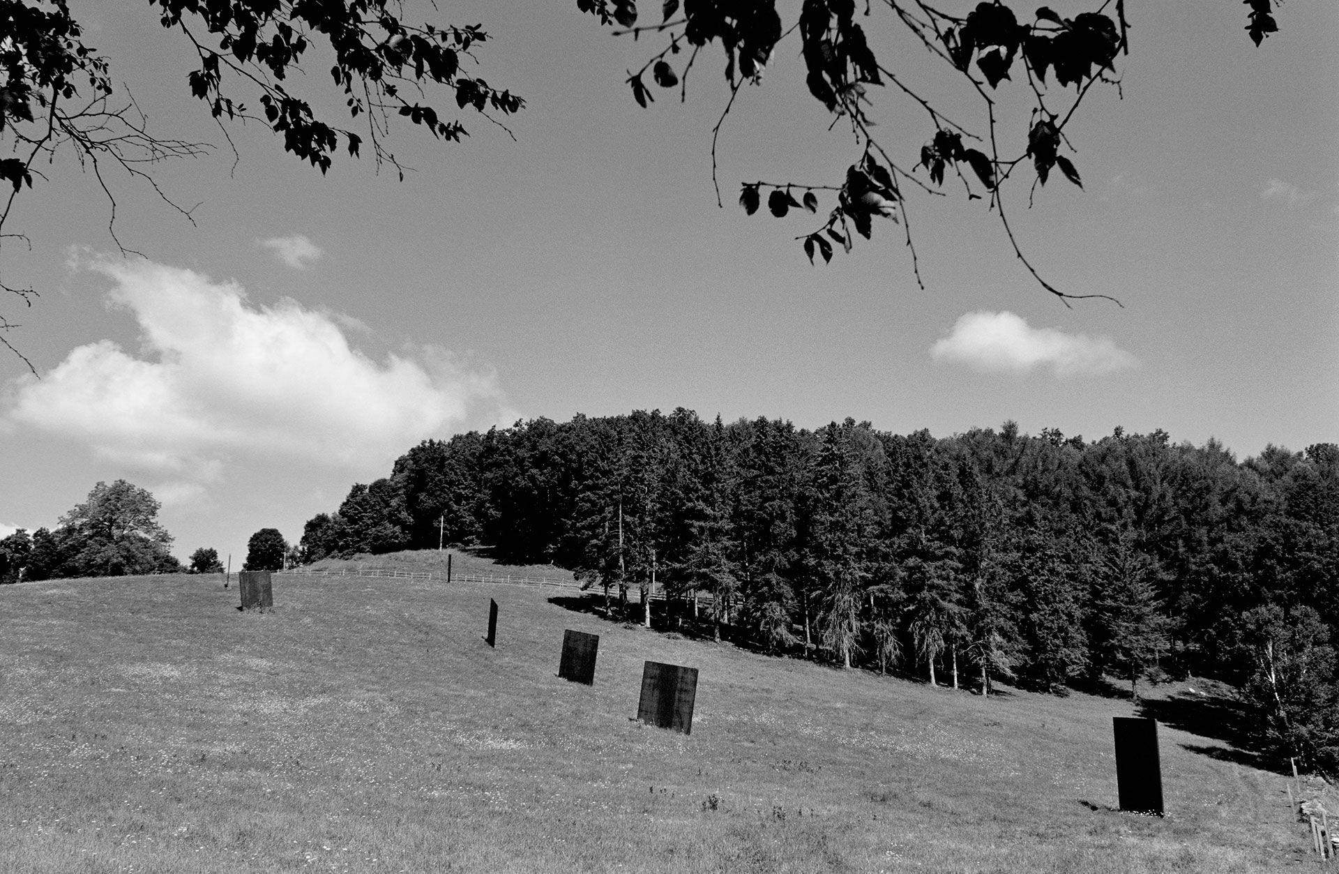 Installation view of Iron Mountain Run by Richard Serra, comprised of seven steel sculptures, dated 2002.